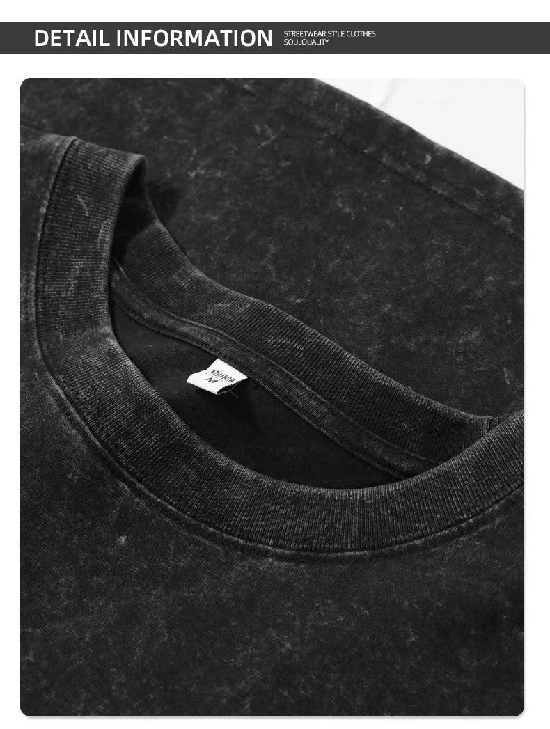Product Introduction of 230G Heavy Washed Distressed Short-Sleeved T-shirt Men's All-Match Solid Color Loose round Neck 11