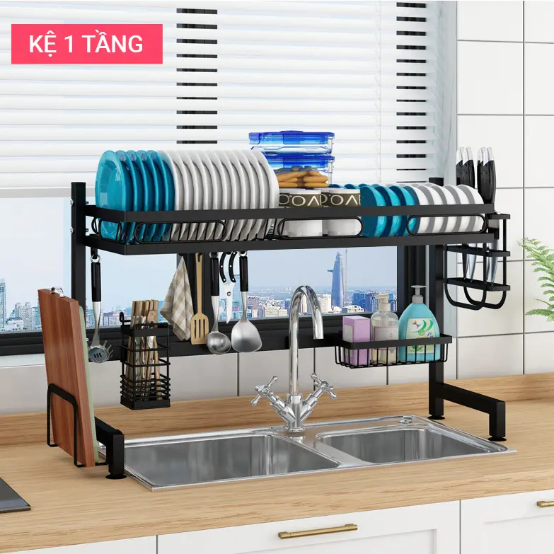 Kệ Để Chén Đĩa Thông Minh chính hãng Vando Trên Bồn Rửa Bát Sơn Đen Cao Cấp Kitchen tudung chenbat 3