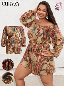 CURVZY Plus Size Autumn Aesthetic Paisley Print Off Shoulder Drawstring Romper, Boho Elegant Bishop Sleeve Jumpsuit For Daily Holiday Vacation Wear, Women's Plus Clothing