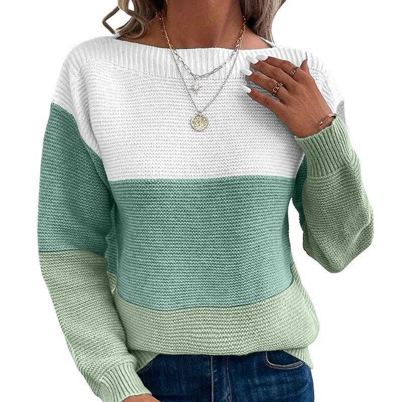 TikTok Shop: Casual Trendy Dressy Sweater Patchwork Color Block Long Sleeve Bateau Neck Elegant Autumn Sweater Sudaderas Tops