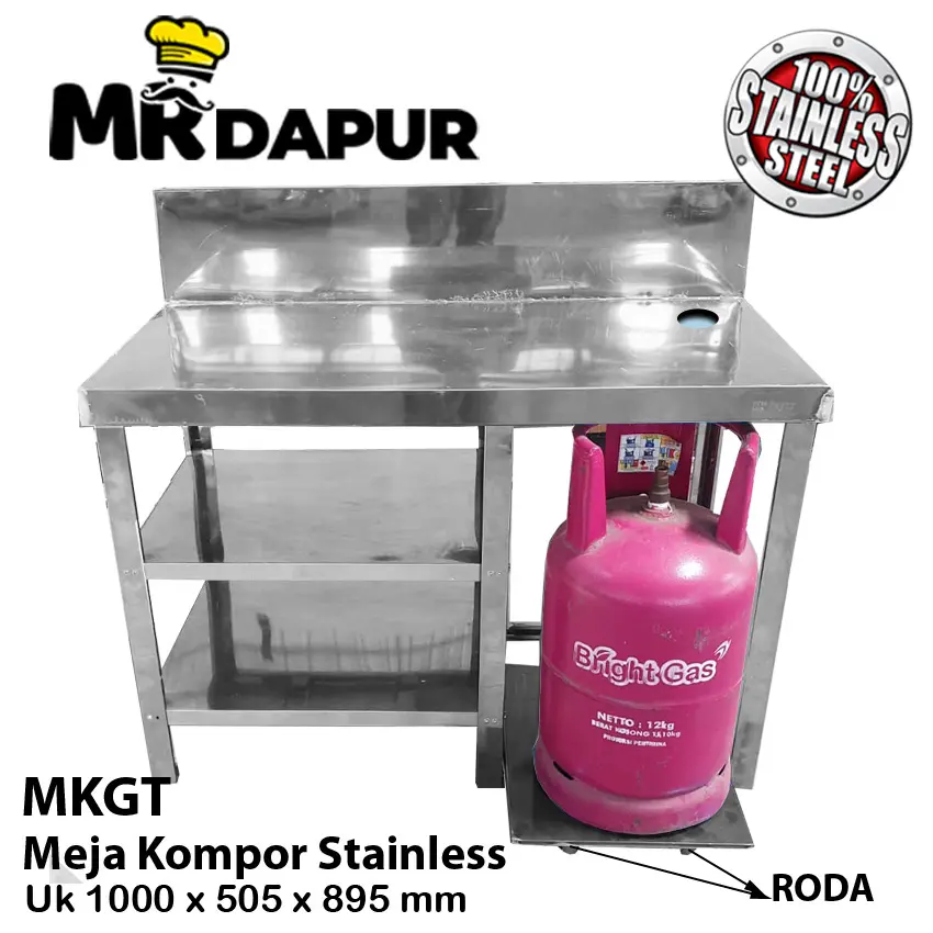 MEJA KOMPOR STAINLESS MKGT MRDAPUR DENGAN RAK RODA LPG