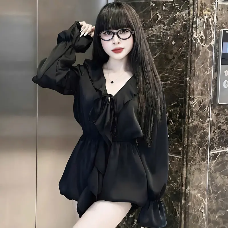 Jum quần nữ phi lụa thiết kế tay dài phối cổ bèo dáng bí phồng xinh xắn dành cho các nàng diện đi chơi 1