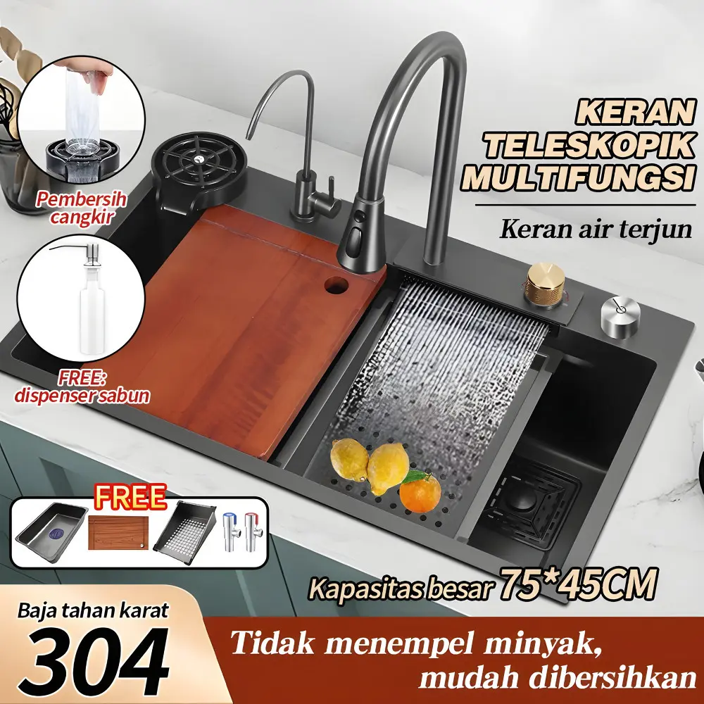 COHI - Stainless Steel Kitchen Sink Modern Kitchen Sink Paket Kitchen Sink Black/Perak Bak Cuci Piring Stainless Hitam Dengan Keran Tarik Keluar/Bak Cuci Piring Ketebalan 3.0mm Kitchen Sink Modern Kitchen Sink Luxury 2 Bowl Stainless Steel 304