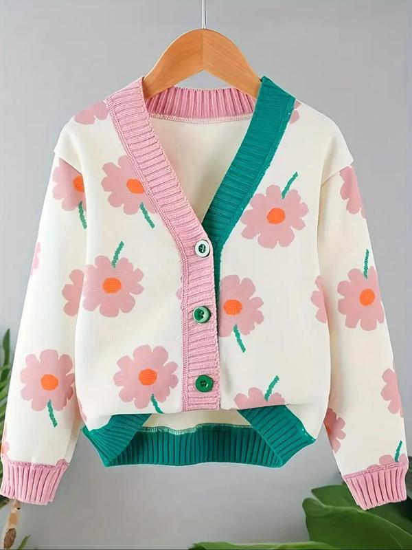 Girl's Colorblock & Floral Print Button Front Cardigan, Casual Drop Shoulder Long Sleeve Cardigan for Fall & Winter, Kids Clothing for Daily Wear 0