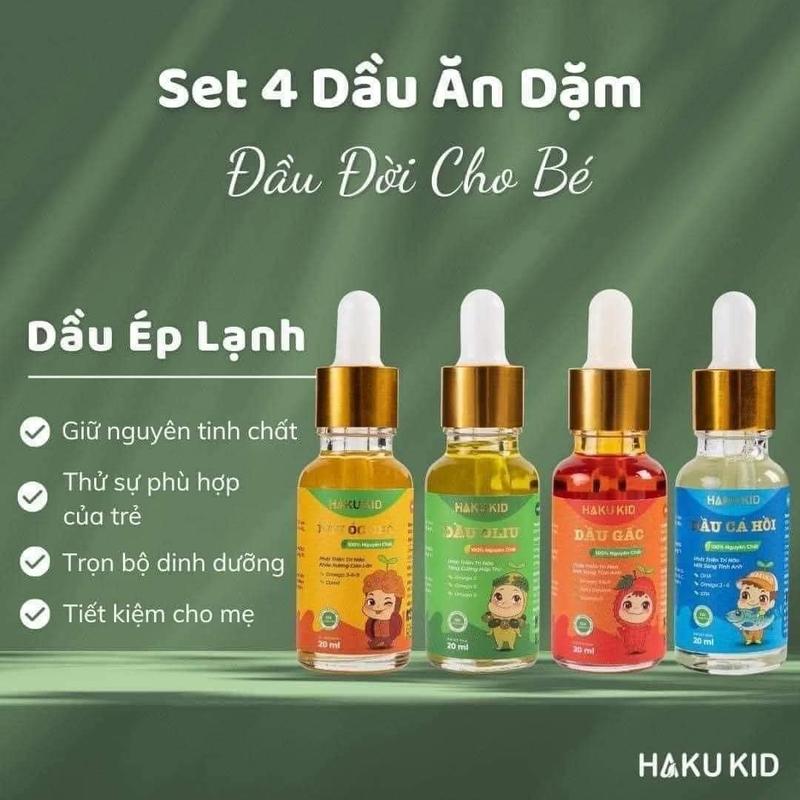 Bộ 4 dầu ăn dặm Hakukid: Dầu oliu, dầu óc chó, dầu gấc, dầu cá hồi - 20ml/chai