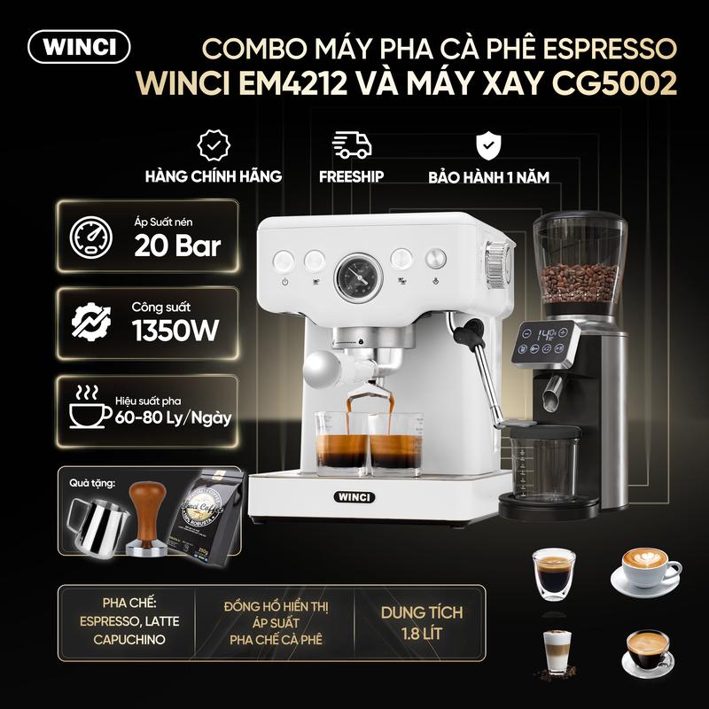 COMBO Máy Pha Cà Phê Espresso Winci EM4212 Máy xay cà phê CG5002, Pha Cafe Tự Động, Công Suất 1350w, Áp Suất 20Bar, tặng 1 gói cafe , 1 ca inox Máy Xay Cà Phê Xay Cà Phê