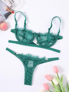 Conjunto de lencería sexy para mujer con brasier liso de encaje y tanga, brasier sin aros con tirantes ajustables y pantaleta con anillos, conjunto de lencería sexy, atuendos de verano 2025, conjunto de ropa interior para mujer