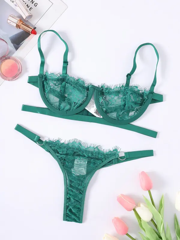 Womenswear Minimalist Lace Bra & Thong Set, Breathable Adjustable Strap Wireless Bra & Ring Linked Panty Sexy Lingeries Set, Valentine's Day Gift, Summer Wear 2024, Comfortable Co Ord Underwear Set, Tall Clothing Women 0