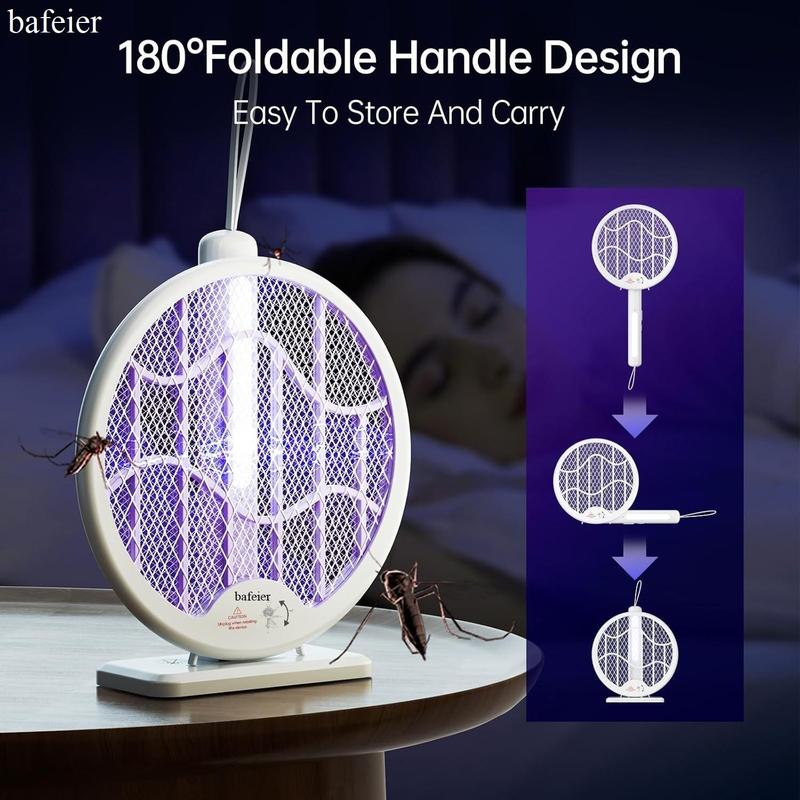 BAFEIER BAFEIER Electric Mosquito Fly Bug Zapper Racket, Foldable Bug Zapper Racket, Portable 3 in 1 Fly Swatter with Base, USB Rechargeable Mosquito Killer for Indoor Home Kitchen 3