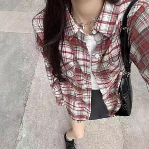 New plaid shirts for women Spring and Autumn Loose Polo Neck Cardigan Retro American style long sleeve jacket