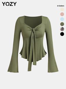 YOZY Women's Plain/Leopard Knot Front Lettuce Trim Flounce Sleeve Ribbed Tee, Fashion Elegant Sweetheart Neck Long Sleeve Asymmetrical Hem T-shirt for Fall & Winter, Valentine's Day Gift for Girl, Fall Clothes, Winter Clothes