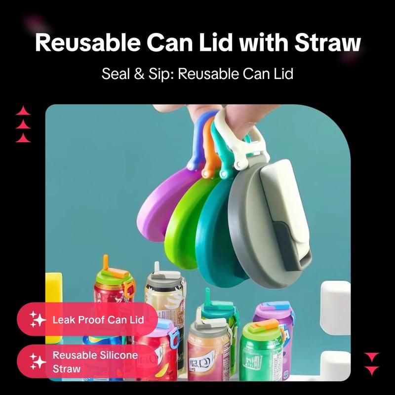 Product Introduction of Random Color Can Lid, Reusable Can Cover with Silicone Straw, Can Lid for Soda, Drink, Juice, Soda, Leak Proof Design Can Lid for Car, Travel, Outdoor, Plastic, Portable 1