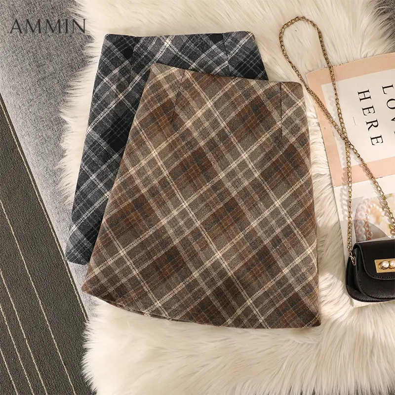 AMMIN Korean style pleated zipper high waist fashion skirt women 2024 Spring/Autumn vintage plaid preppy A-line anti-slip hip skirt