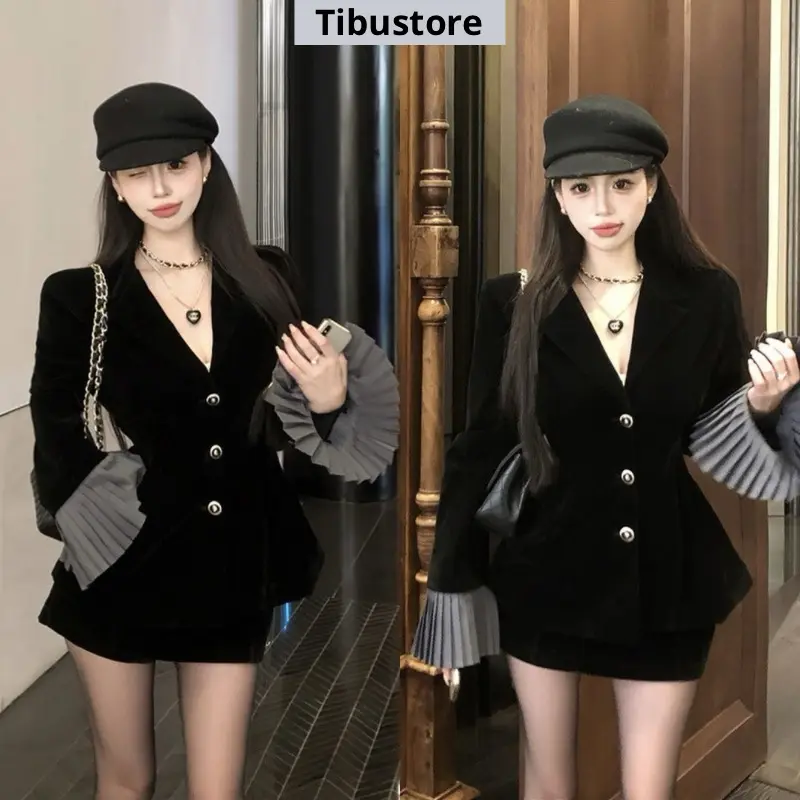 Set Áo Blazer Tay Loe Cổ V Phối Chân Váy Ngắn Bút Chì TIBU Set Đồ Nữ Sang Chảnh Đi Chơi Dự Tiệc Thu Đông S80 Women Nhung Shirt Voi
