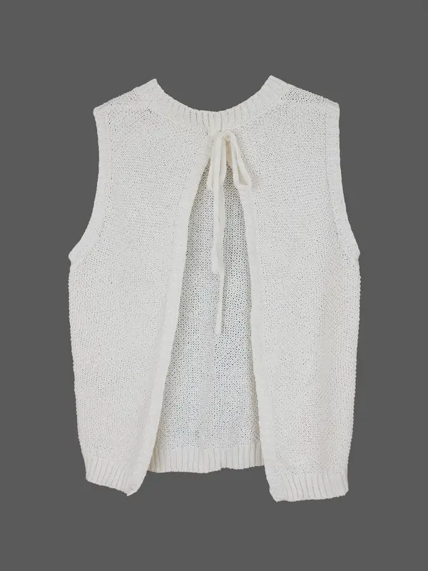 【Plus Size】 Solid Color Split Tie Back Sweater Vest, Casual Round Neck Sleeveless Knit Top for Fall & Winter, Women's Plus Clothing for Daily Wear 3