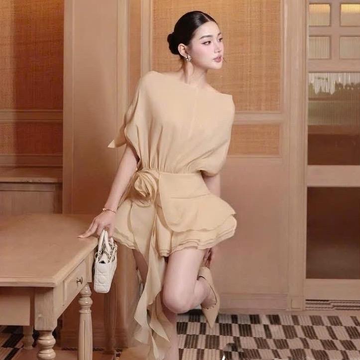 Mã B51 Set áo voan kem babydoll trễ vai cánh dơi xẻ lưng & cv bèo tầng tua rua set  váy
