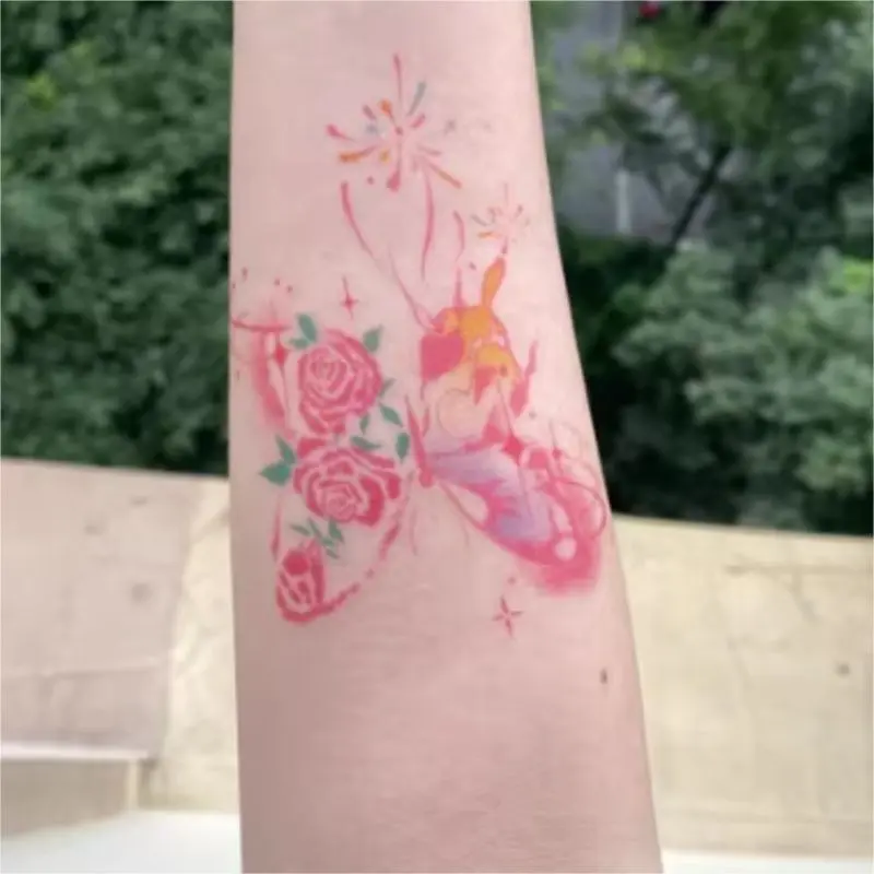Miếng Dán Hình Xăm Họa Tiết Hoạt Hình, Đầy Màu Sắc, Cá Tính Sáng Tạo, Dành Cho Nam Và Nữ, Thiết Kế Xương Đòn, Chuyển Nước, Bướm Màu, Mô Phỏng