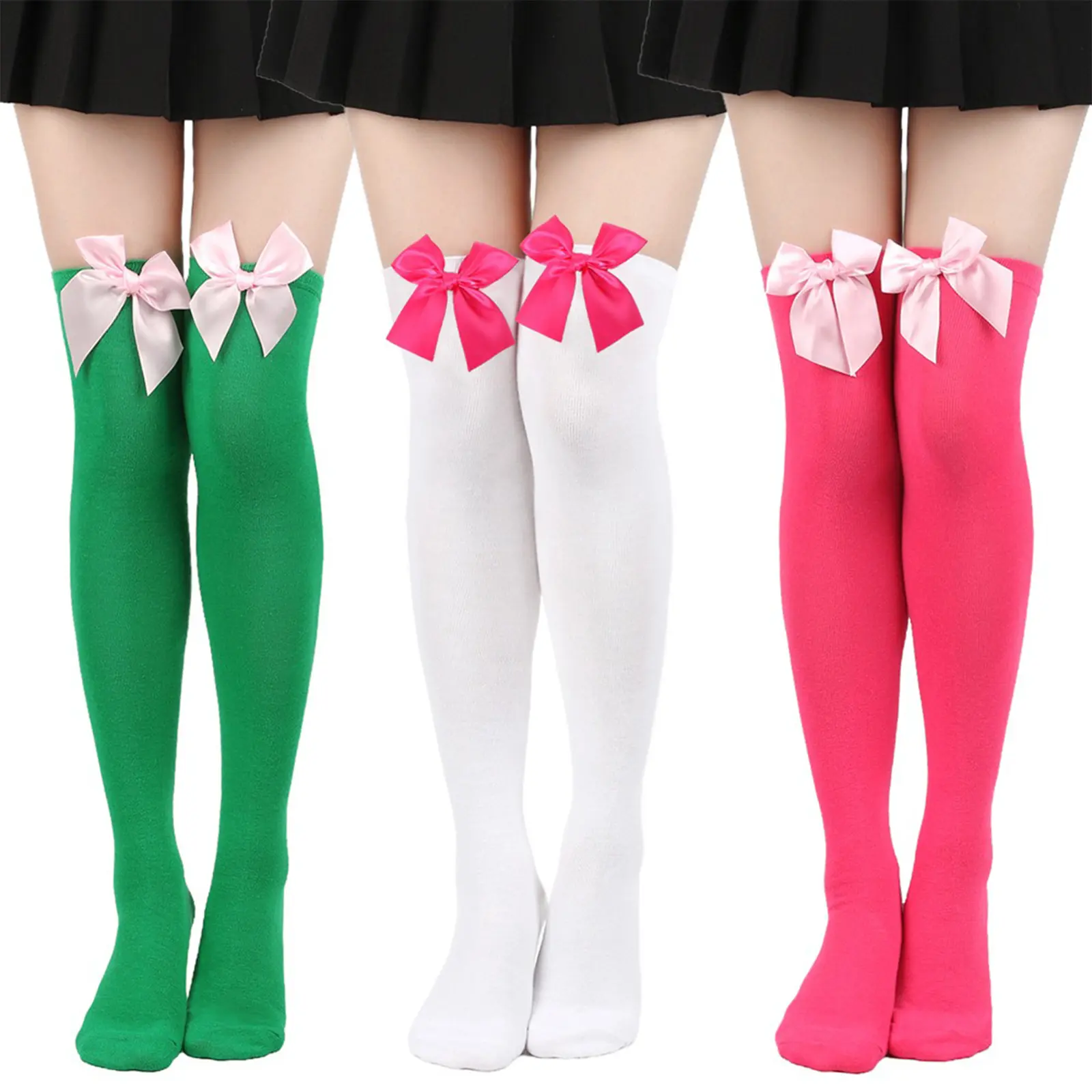Women Thigh High Socks, Elastic Soft Bow Hold-up Stockings Valentines Day Stockings