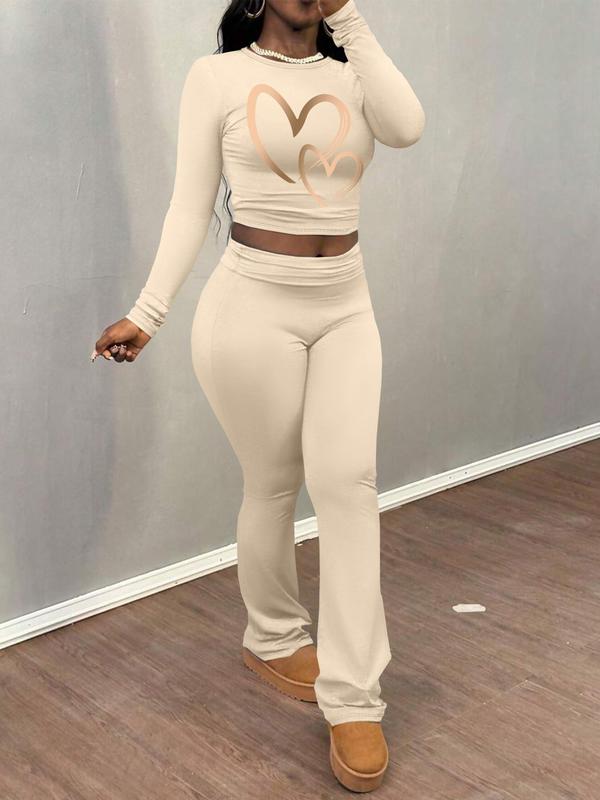 Women's Heart Print Long Sleeve Crop Tee & Flare Leg Pants Two-piece Set, Casual Fashion Round Neck Top & Bell Bottom Trousers for Daily Outdoor Wear, Women's Clothing for Fall & Winter 1