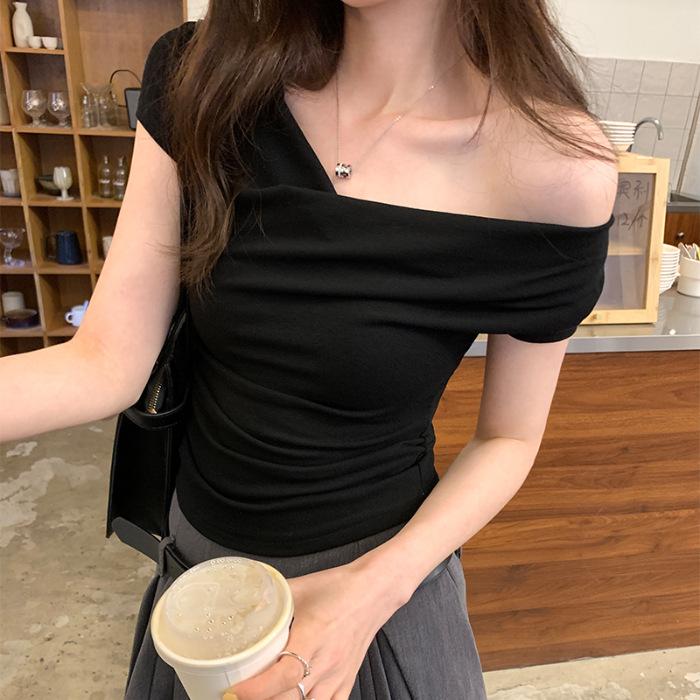 Áo Phông Mùa hè, Phong Cách Hàn Quốc, Trễ Vai, Cổ Xích Đu ngắn Tay Áo, Cô Gái Nóng Bỏng Ins, Dễ Thương Và Gợi Cảm, Áo Ôm Sát Eo, Quần Áo Nữ 8