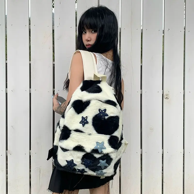 Tas ransel wanita import tas cewek sekolah kece Ransel Wanita Bintang Lima Milenial yang Menggemaskan dengan Desain Leopard Cocok untuk Mahasiswa Serba Guna Terbuat dari Bulu-Bulu Halus Gaya Niche dan Fleksibel Backpack tas ransel sekolah cewek QX152 3