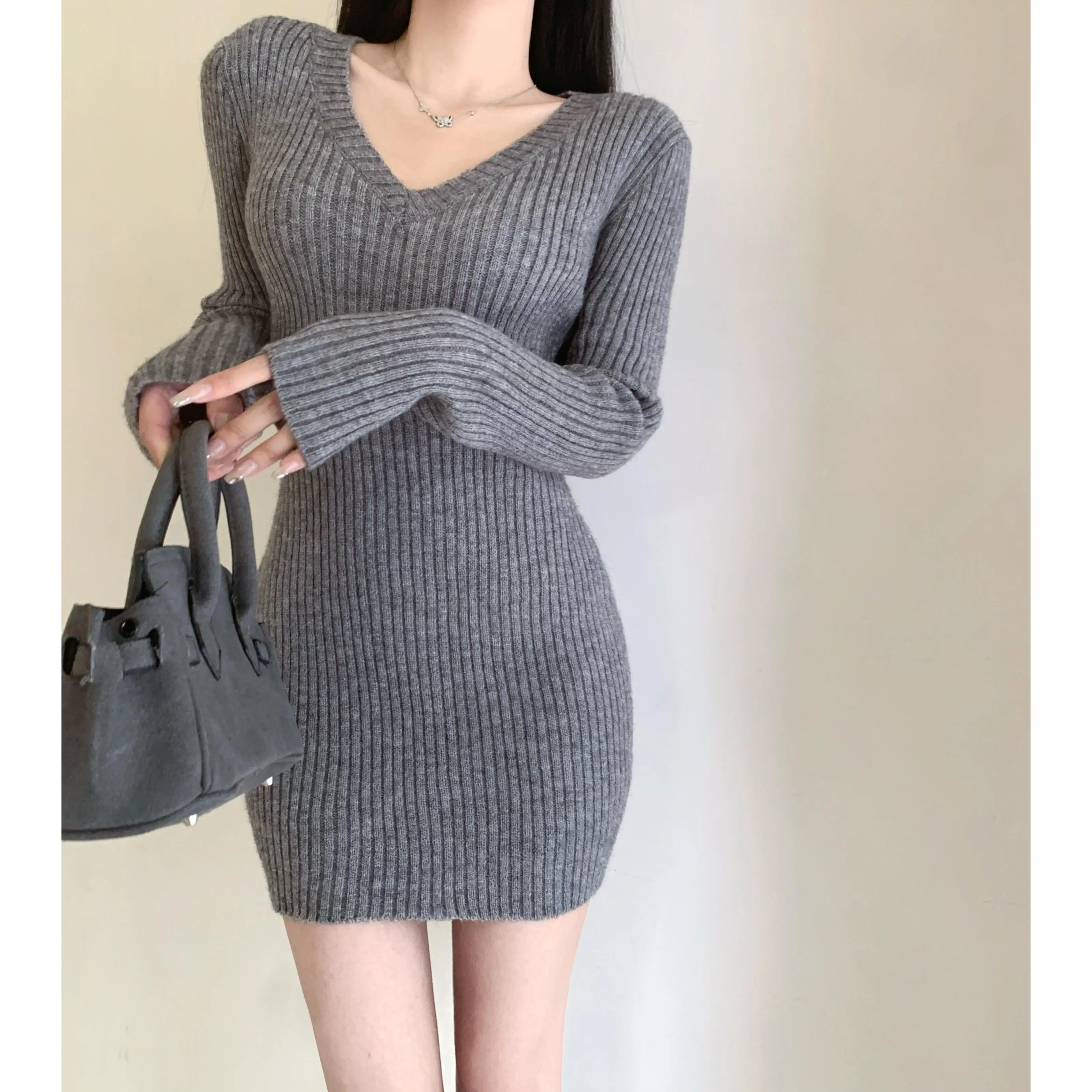 Váy Dệt Kim Cổ Chữ V Nhỏ Cho Nữ, Sang Trọng Hàn Quốc, Mùa Thu Đông, Cổ Điển, Ôm Sát, Cơ Sở, Có Thể Mặc Bên Trong, Áo Len, Váy