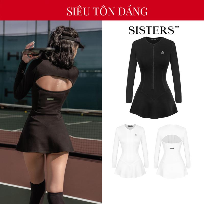 Váy thể thao nữ khóa kéo hở lưng SISTERS dài tay màu đen, trắng tôn dáng Tennis, Pickleball, Gym, Golf Lowen | SS24-J7