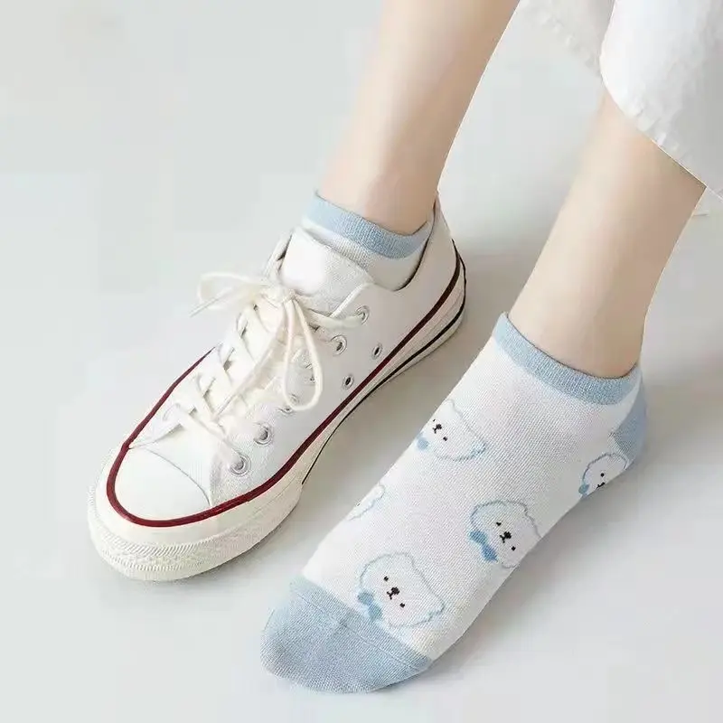 BISA COD K5703 Kaos Kaki Pendek Gaya Korea / Kaos Kaki Wanita Motif Beruang Biru Muda / Kaos Kaki Semata Kaki Beruang Biru Panjang Ankle Garis 5