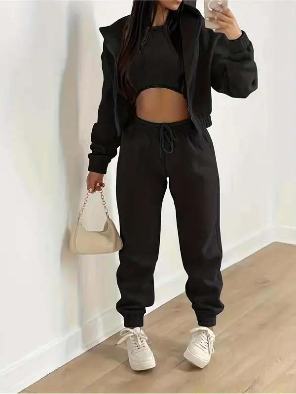 Women's Solid Pants Set, Casual Round Neck Crop Top & Drawstring Waist Pants & Zipper Hoodie, 2 Piece Sets Women, Co Ords for Women, Spring & Fall Outfits, Co-ords Set, Please Purchase A Size Up, Pink Two Piece Set Rave 3