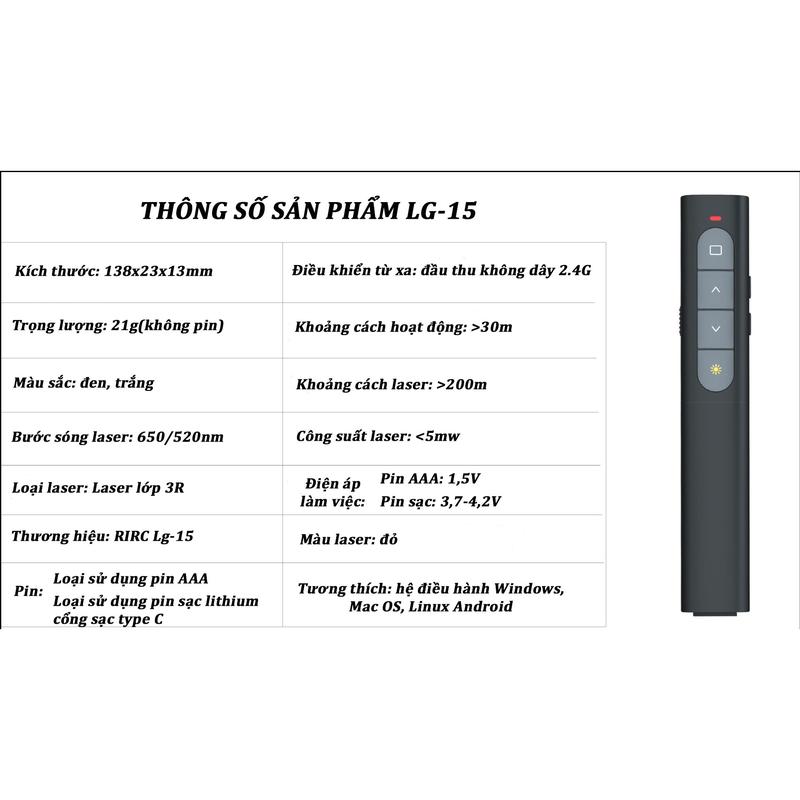 Bút trình chiếu thuyết trình không dây RIRC Lg-15 USB 2.4GHz Pin sạc Type C Điều khiển từ xa tiện dụng 2