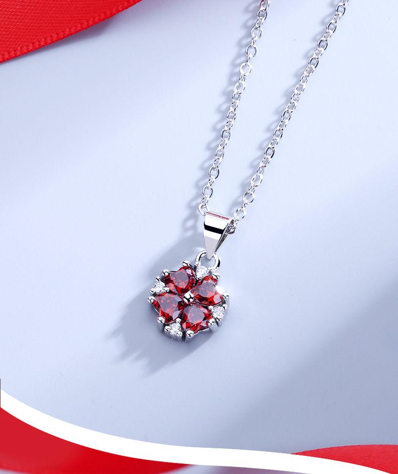 Product Introduction of Red New Style Four-Leaf Clover Necklace Women's Set Pomegranate Red Zircon Bracelet Ear Studs Ring Ornament Four-Leaf Clover Suit 6