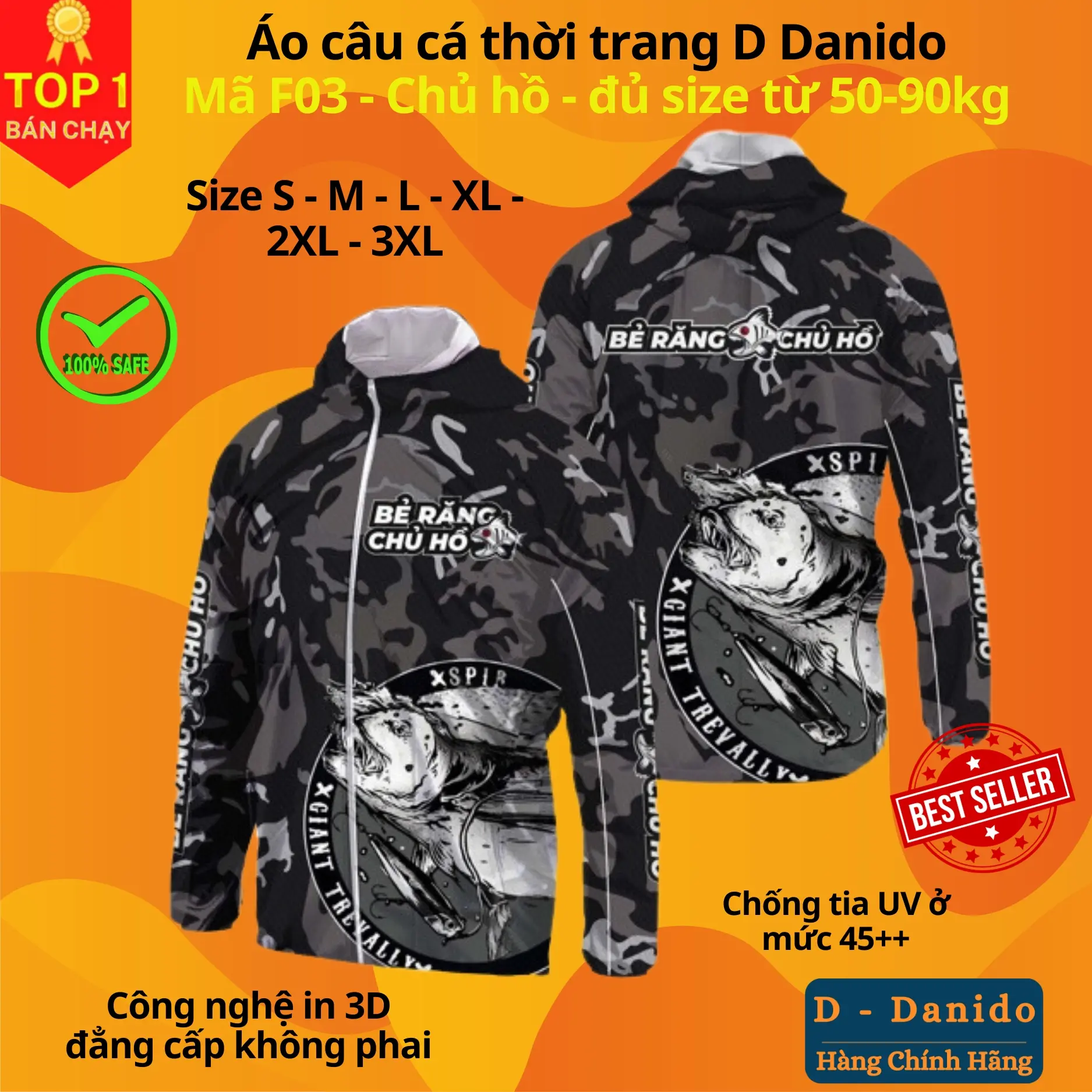 Áo câu cá thời trang chống nắng F03 đen trắng đủ size từ 50-85kg - Áo đi câu chất liệu chống tia UV cao cấp D Danido Sport