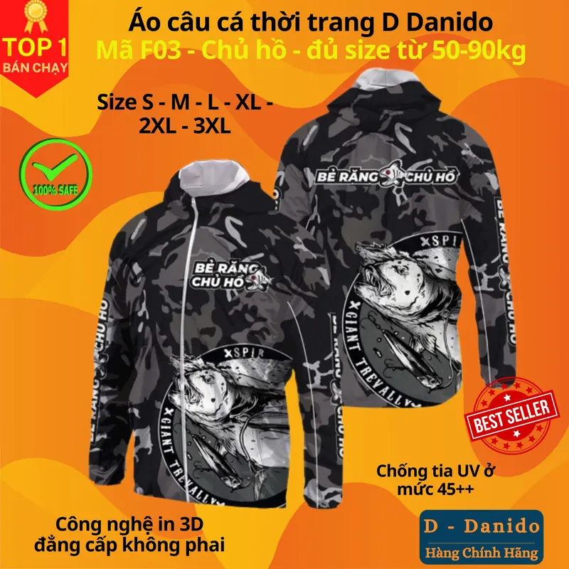 Áo câu cá thời trang chống nắng F03 đen trắng đủ size từ 50-85kg - Áo đi câu chất liệu chống tia UV cao cấp D Danido Sport 0