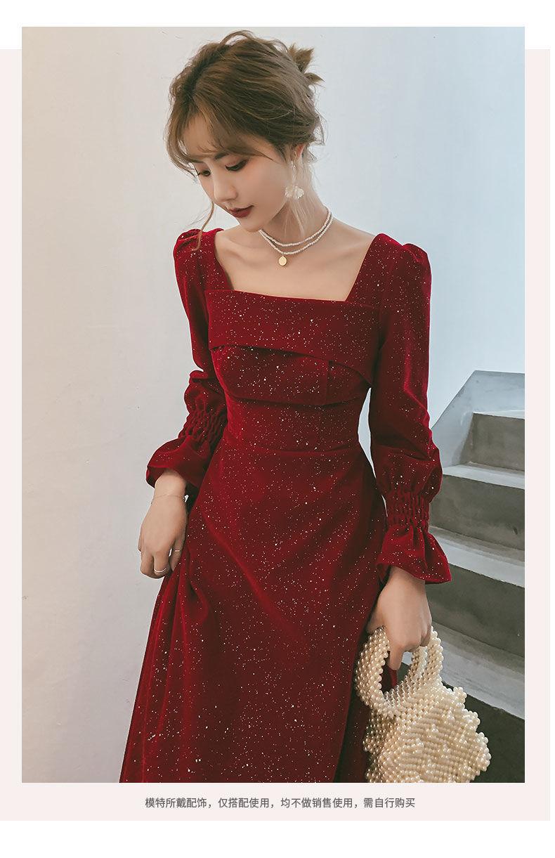 Product Introduction of Váy Ăn Tối, Hàng Mới Về, Dài Và Thanh Lịch, Quyến Rũ, Cổ Vuông, Màu Đỏ Rượu Vang Vang, Eo Bó Sát, Thích Hợp Mặc Hàng Ngày 5