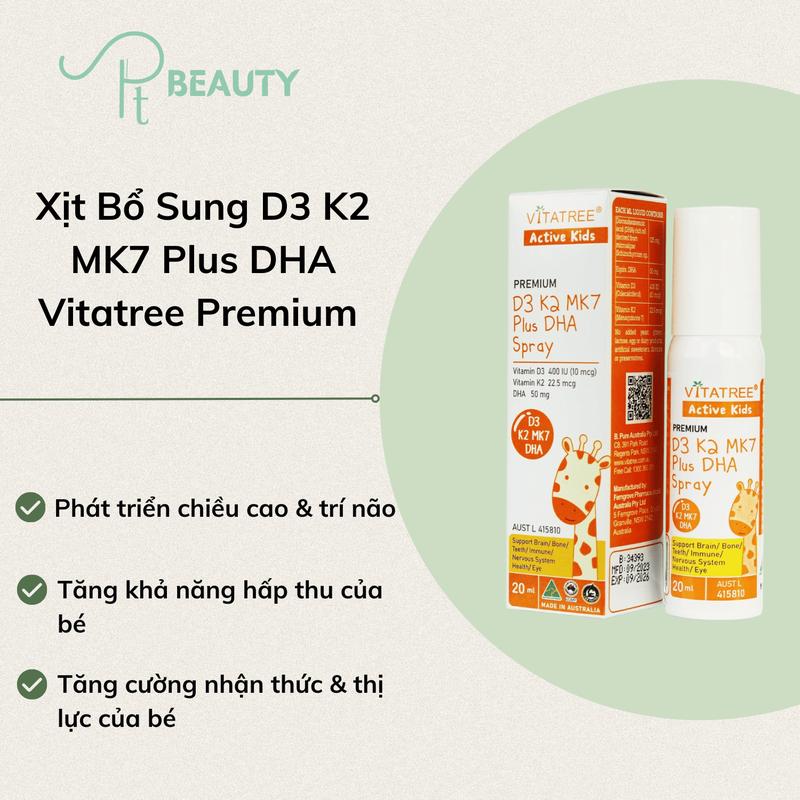 Xịt Bổ Sung Dành Cho Bé D3 K2 MK7 Plus DHA Vitatree Premium Spray Úc - 20ml
