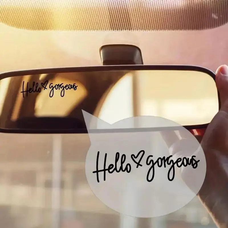 Hello Gorgeous Letters Pattern Car Rearview Mirror Sticker, Car Rearview Mirror Decal, Car Interior Decoration Accessories for Women & Girls 0