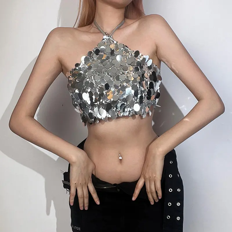 Áo Ba Lỗ Đính Kim Sa, Dành Cho Nữ, Cổ Yếm Buộc Dây, Hở Lưng, Áo Vest, Dáng Ôm, Không Tay, Áo Cropped, Thời Trang Đường Phố Women Top Kem Bạc