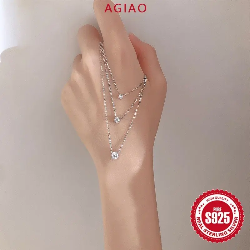 AGIAO S925 Perak Flash Kalung Berlian Desain Sederhana Rasa Ringan Mewah Niche Temperamen Rantai Tulang Selangka Wanita