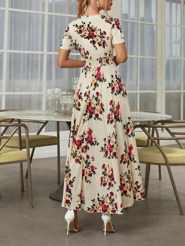 Floral Print Tie Button Front A Line Long Dress, Chic Sun Dress, Frenchy Dress in Club, Dresses, Boho V Neck Long Milkmaid Dress, Homecoming Dresses, Shortsleeve Dresses for Women, Boho Clothes Women 1