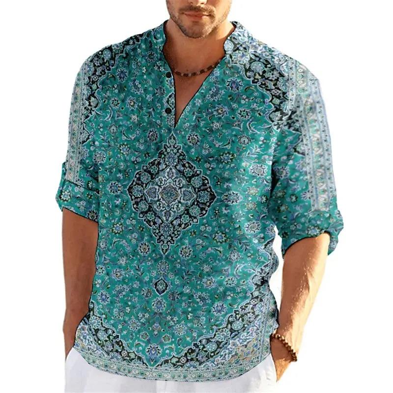 Áo Sơ Mi Henley Sang Trọng, In 3D Hoa Mùa Thu, Thời Trang Nam, Phong Cách Hoa Cổ Điển Cổ Chân Đế Áo Sơ Mi Dài Tay, Áo Cánh, Quần Áo Nam 2