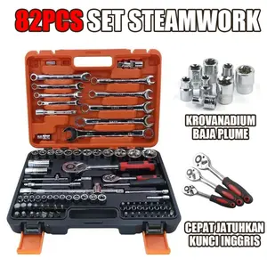 Set Perkakas 82 Buah – Soket, Kunci Pas, Obeng, dan Alat Perkakas Mobil & Motor, Set Alat Perkakas Logam yang Kokoh, Tahan Lama, dan Praktis