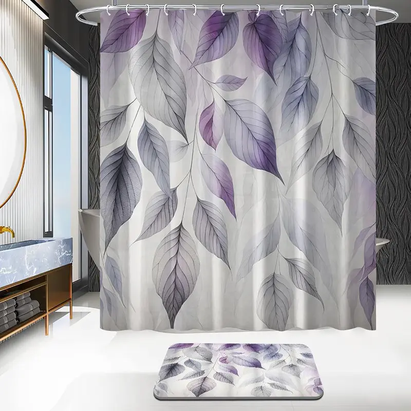 Leaf Print Shower Curtain Set, 1 Shower Curtain with 12 Hooks, 1 Toilet Lid Cover, 1 Rectangular Mat, 1 U-shaped Mat, Bathroom Decor Supplies 5