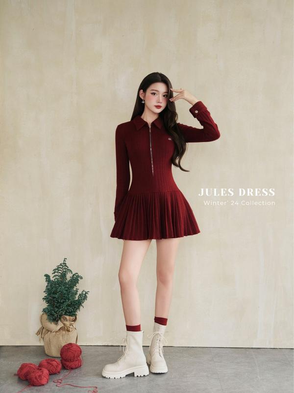 Ara - Váy len thiết kế xòe xếp li khóa kéo cổ sơ mi Jules Dress V87 0