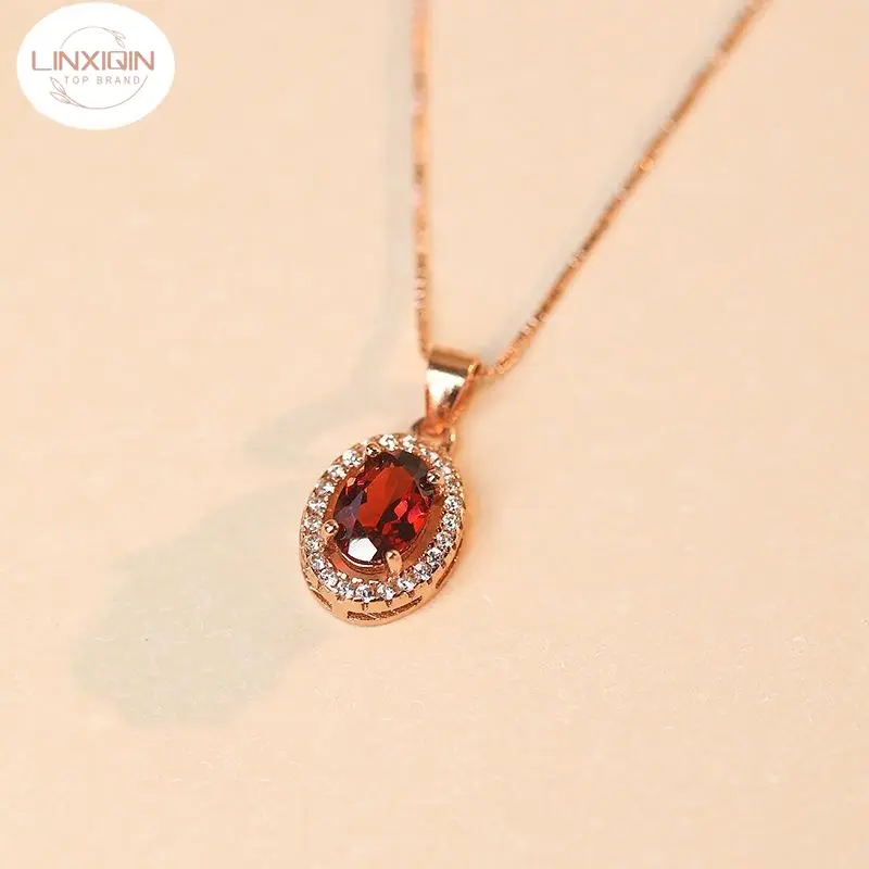 LINXIQIN Retro Imitation Natural Pigeon Blood Garnet 5x7mm Inlaid Silver Necklace Simple Rose Gold Plated Pendant Chain Fashion Jewelry