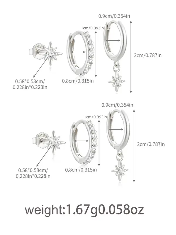 925 Sterling Silver Star Design Hoop Earrings & Stud Earrings, Fashionable Earrings for Women & Girls, Trendy All-match & Exquisite Jewelry for Birthday Gift 1