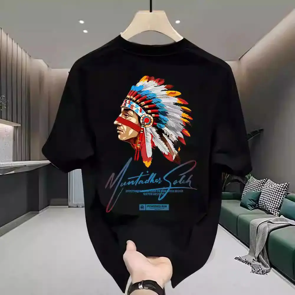 Fashion brand heavy printed short sleeve T-shirt men 2024 summer new national tide lion loose round neck pure cotton men