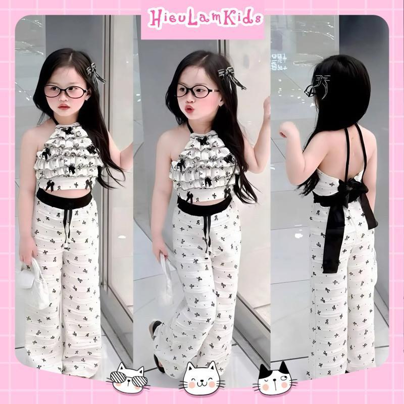 X47 - Bộ quần áo bé gái, Set áo dáng yếm nơ đen kèm quần dài cho bé gái 0