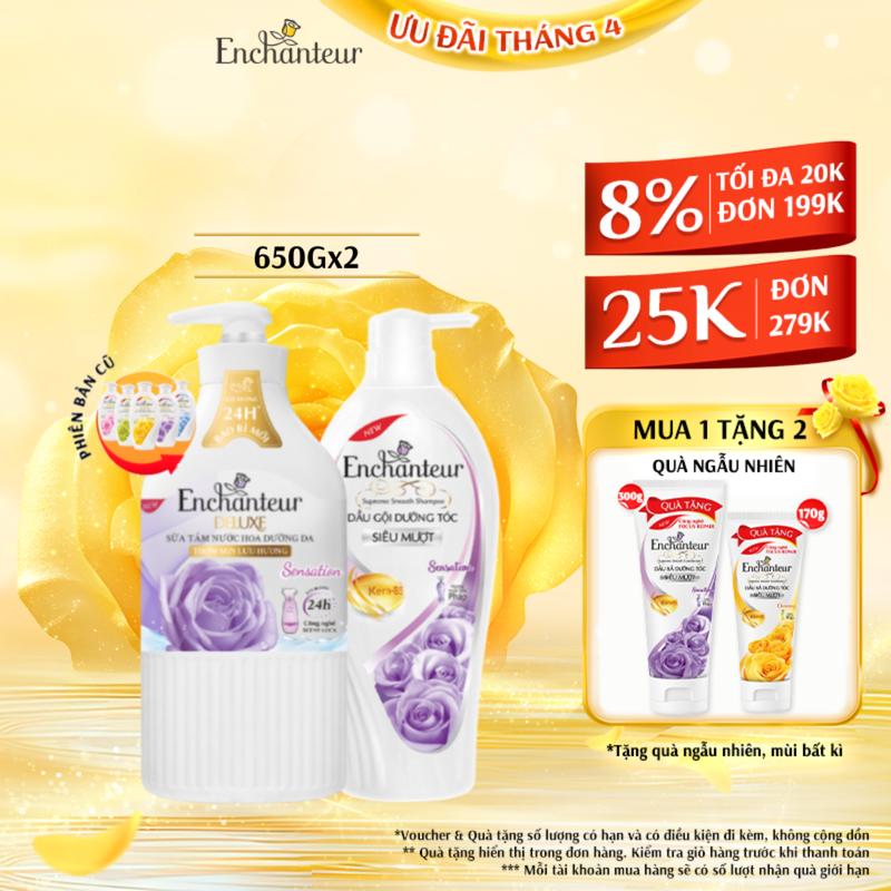 [TẶNG 2 DẦU XẢ 170G] Combo Dầu Gội Dưỡng Tóc Siêu Mượt và Sữa Tắm Làm Đẹp Da Hương Nước Hoa Thơm Mịn Enchanteur Sensation 650gr/ chai
