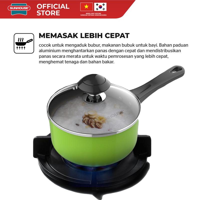 Product Introduction of Sunhouse SHG-MP16 Panci Saucepan+Tutup Kaca Anti Lengket Hijau 16cm 1 Pcs Aluminium Dapur 21