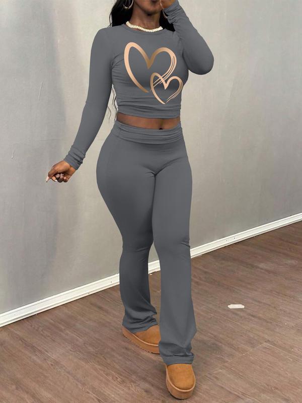 Women's Heart Print Long Sleeve Crop Tee & Flare Leg Pants Two-piece Set, Casual Fashion Round Neck Top & Bell Bottom Trousers for Daily Outdoor Wear, Women's Clothing for Fall & Winter 4